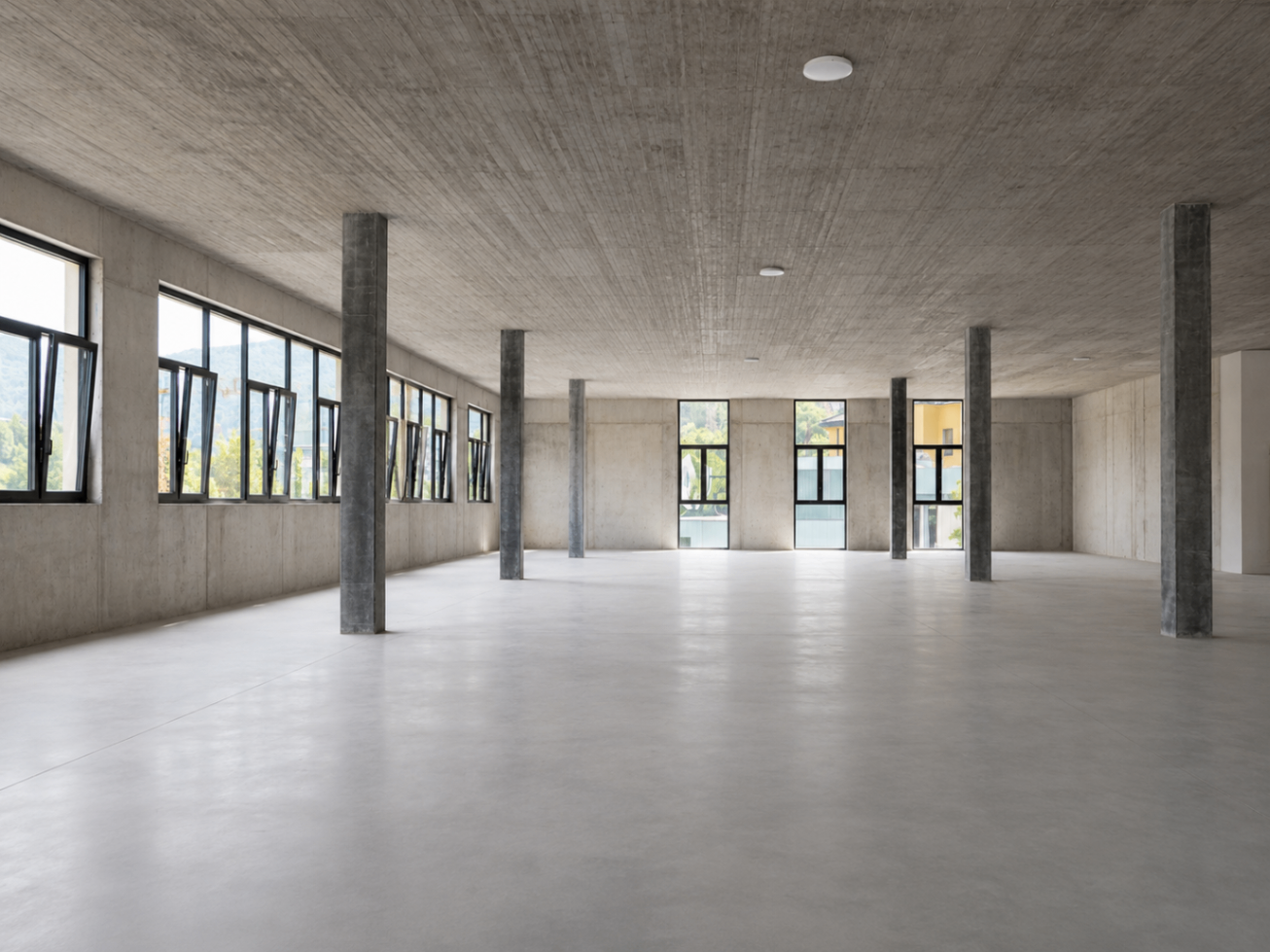 Open-plan level with window façades and load-bearing pillars