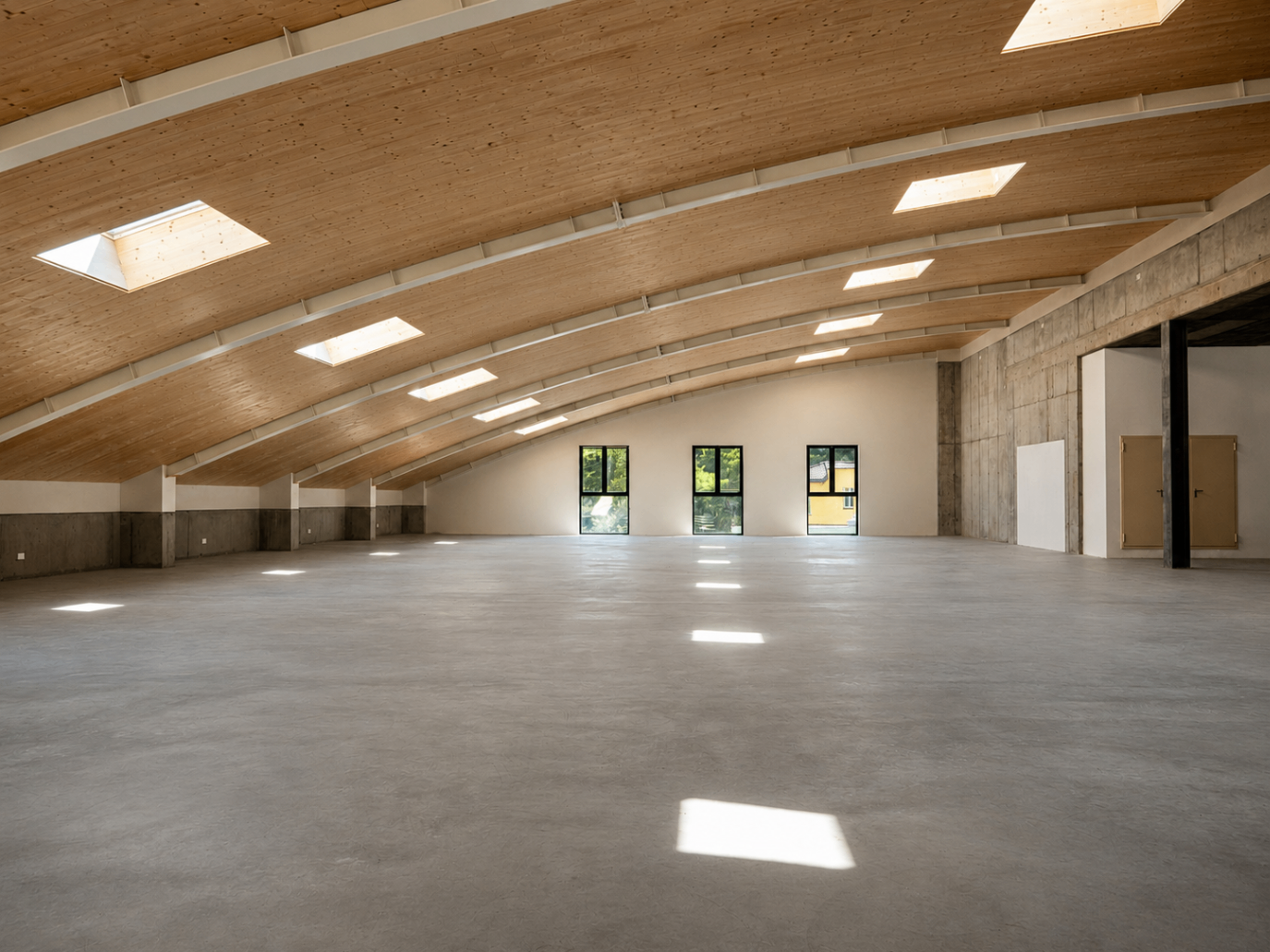 Large rooftop space with timber structure and overhead lighting