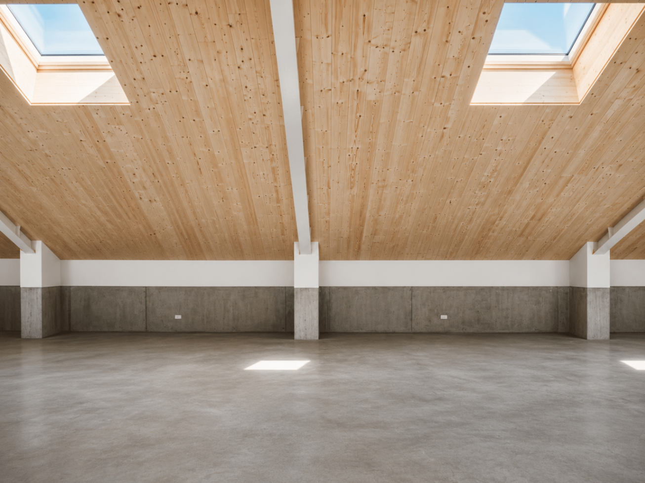 Detail of the curved timber roof structure with overhead skylights