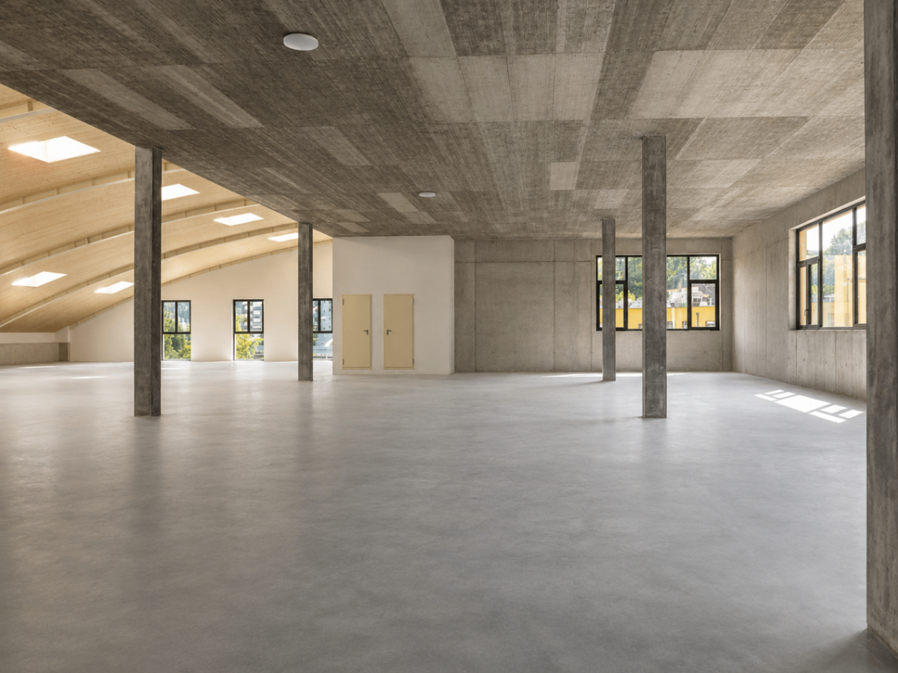 Interior level with concrete pillars, wide spans and side daylight