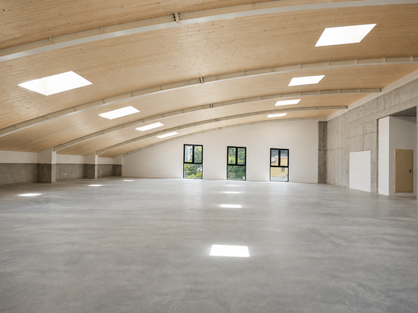 Open upper level with curved timber roof and skylights